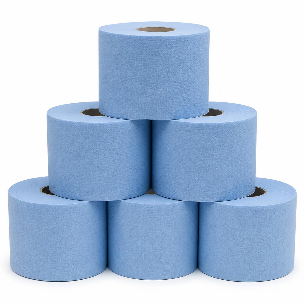 Placeholder photograph of blue commercial toilet tissue rolls supplied to trade customers